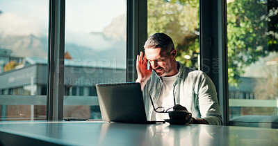 Buy stock photo Mature, businessman and headache with laptop for overworked, eye strain or muscle tension in office. Frustrated man, employee or stress with migraine on computer for burnout or fatigue in workplace
