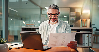 Smile, laptop and documents with business man in office for budget research, planning and graph. Profit chart, account review and paperwork with person in agency for finance, balance and growth