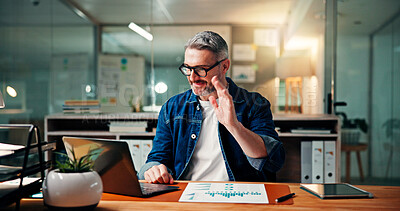 Buy stock photo Mature, happy man and night with wave on laptop for video call or online meeting in office. Male person, financial advisor or working late with statistics, documents or hello for webinar in workplace