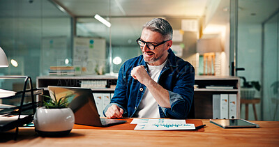 Smile, graphs and man with laptop, night and documents with planning, investment and solution. Mature person, evening and employee in office, computer and charts with funding report and happiness