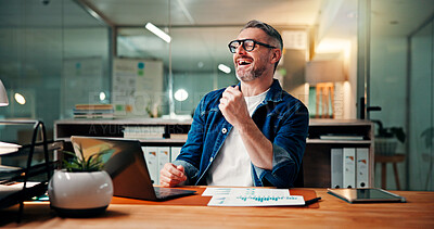 Buy stock photo Laughing, employee and man with laptop, office or happy with financial report, documents and online. Accountant, smile and mature person with tech for investment analysis, risk management and data