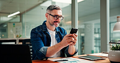Buy stock photo Phone, happy and business man in office for social media break, typing message and email. Creative, professional and mature worker on smartphone for internet, website and online research at desk