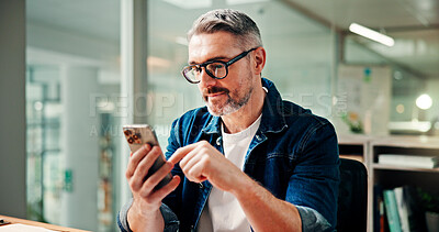 Buy stock photo Phone, typing and business man in office for social media break, message and email for networking. Creative, professional and mature worker on smartphone for internet, website and online research