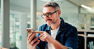 Buy stock photo Reading, phone and smile with business man in office for social media manager, email and contact. Campaign marketing, web and networking with mature person in creative agency for text message