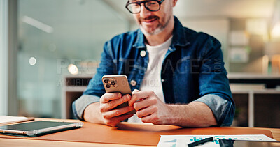 Buy stock photo Reading, phone and hands with business man in office for social media manager, email and contact. Campaign marketing, web and networking with mature person in creative agency for text message
