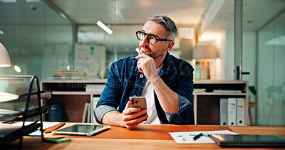 Buy stock photo Thinking, phone and research with business man in office for social media manager, reflection and contact. Campaign marketing, vision and planning with mature person in creative agency for text