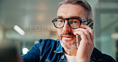 Buy stock photo Man, glasses and phone call in office with business, talk and discussion in company. Serious, communication and mature person in conversation with mobile, technology and entrepreneur in workplace.