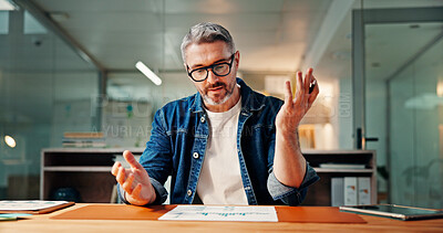 Buy stock photo Documents, problem solving and reading with business man at desk in office for financial review. Data, finance and report with employee in workplace for evening evaluation of charts or graphs