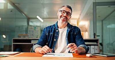 Buy stock photo Portrait, business and man with document in office for career pride, about us and story sales report. Mature journalist, smile and paperwork for article performance, media revenue and stats of agency