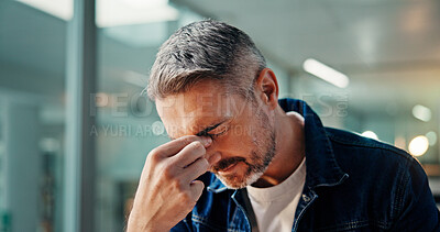 Buy stock photo Mature, businessman and headache with eye strain for stress, overworked or burnout in office. Frustrated man, employee or migraine with anxiety for project deadline, pressure or fatigue in workplace