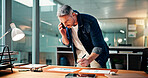 Phone call, finance documents and businessman in office at night with communication or connectivity. Cellphone, writing and mature male financial manager with investment paperwork for negotiation.