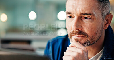 Buy stock photo Creative, thinking and man with laptop, office or employee with project, media and search for story. Reflection, reporter and mature person with tech for article, editing and proofreading in newsroom