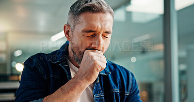 Buy stock photo Tired, yawn and business man in office for working late on project, task deadline and proposal. Professional, creative agency and worker with fatigue, burnout and exhausted for overworked at night