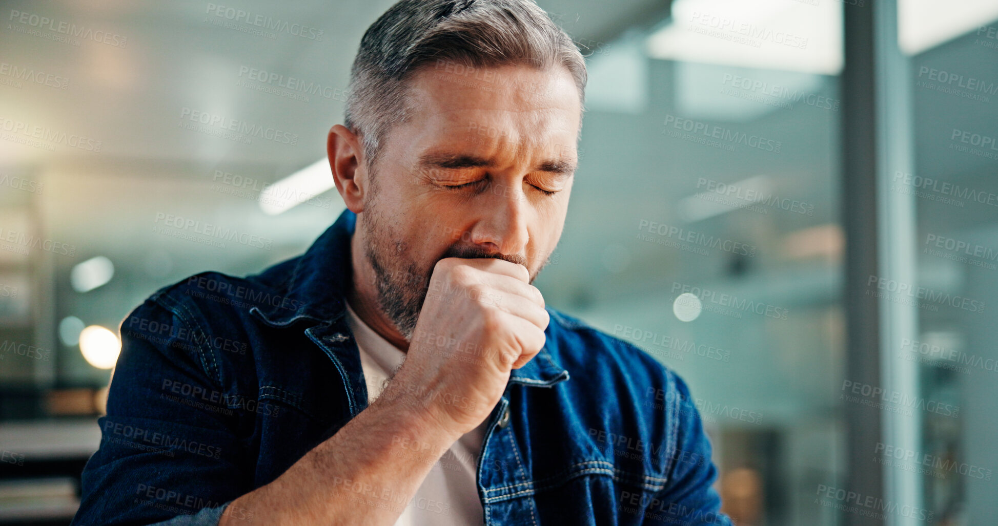 Buy stock photo Tired, yawn and business man in office for working late on project, task deadline and proposal. Professional, creative agency and worker with fatigue, burnout and exhausted for overworked at night