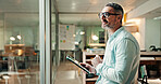 Tablet, thinking and businessman in office with research for finance report with budget plan. Digital technology, professional and mature male financial manager with ideas for investment proposal.