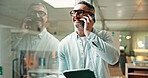 Phone call, tablet and businessman by window in office for finance communication or negotiation. Cellphone, digital technology and mature male financial manager on mobile discussion for contact.