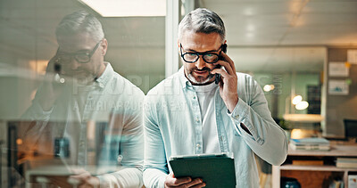 Buy stock photo Phone call, research and businessman by window in office for finance communication or negotiation. Cellphone, digital technology and mature male financial manager on mobile discussion for contact.