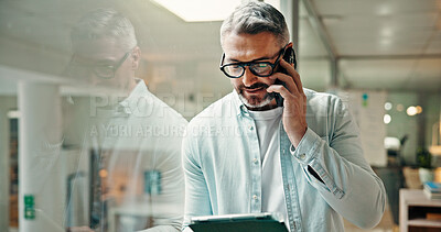 Buy stock photo Phone call, technology and businessman by window in office for finance communication or negotiation. Cellphone, tablet and mature male financial manager on mobile discussion for contact in workplace.