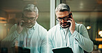 Phone call, reading and businessman by window in office for finance communication or negotiation. Cellphone, digital technology and mature male financial manager on mobile discussion for contact.