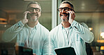 Phone call, happy and businessman by window in office for finance communication or negotiation. Cellphone, digital technology and mature male financial manager on mobile discussion for contact.