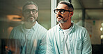 Thinking, glass and business man in office for inspiration, reflection and thoughtful for decision. Professional, project manager and mature person with ideas, planning and insight for solution