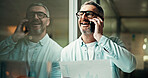 Businessman, night and laughing with phone call, documents or humor for office statistics. `Mature man, employee or analyst with smile or paperwork on mobile smartphone for funny report or discussion