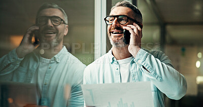Buy stock photo Businessman, night and laughing with phone call, documents or humor for office statistics. `Mature man, employee or analyst with smile or paperwork on mobile smartphone for funny report or discussion
