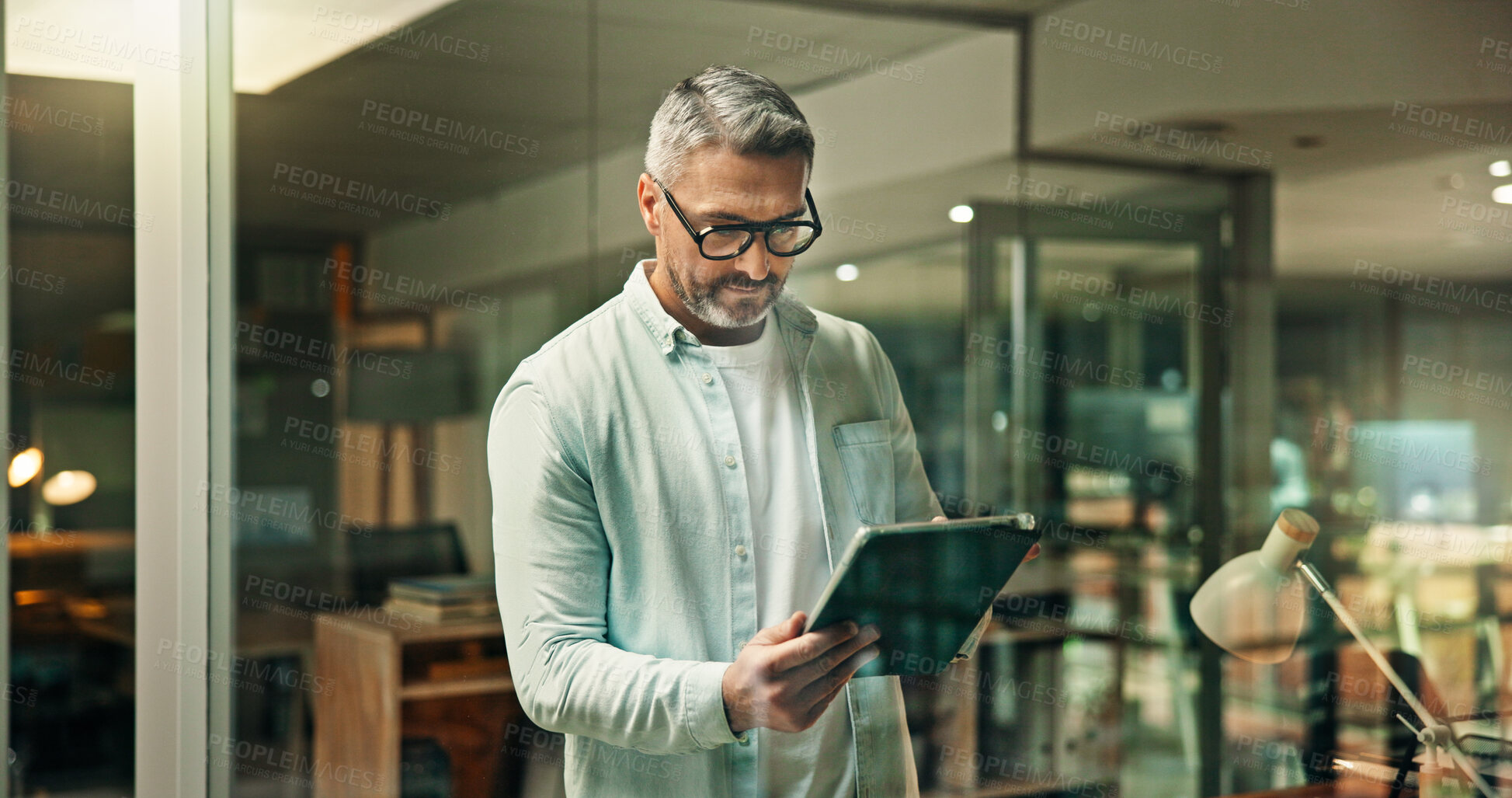 Buy stock photo Tablet, planning and businessman in office with research for finance report with budget plan. Digital technology, professional and mature male financial manager with ideas for investment proposal.