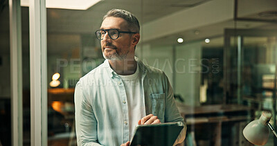 Buy stock photo Thinking, night and business man on tablet for project ideas, planning and solution by window. Working late, creative and mature person with inspiration on tech for research, proposal and website