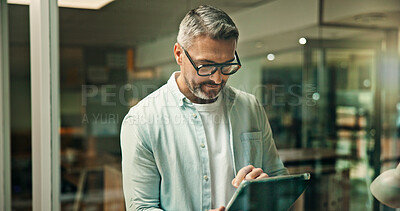 Buy stock photo Tablet, decision and businessman in office with research for finance report with budget plan. Digital technology, professional and mature male financial manager with ideas for investment proposal.