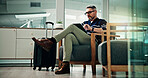 Man, office or planning with tablet or suitcase for business travel, work trip or online booking. Mature, male person or employee thinking with technology or luggage for commute or flight delay