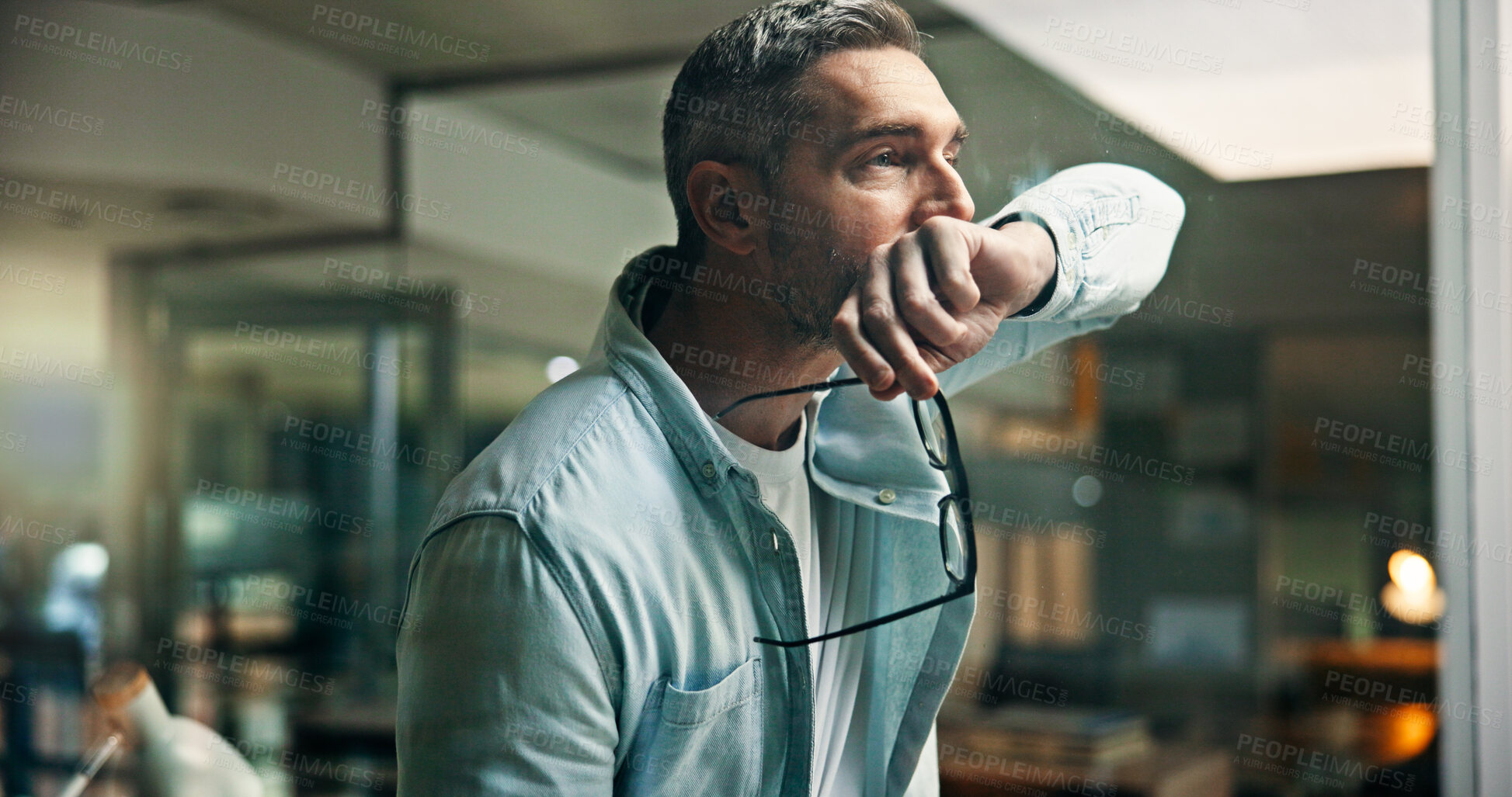 Buy stock photo Man, thinking and stress at window, office or reflection for mistake, decision or issue at company. Mature person, glasses and insight with problem solving for crisis, anxiety or solution at agency