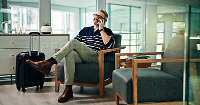 Buy stock photo Phone call, travel and man in airport lounge for professional contact, flight schedule and luggage. Communication, layover update and business trip with mature person in vip lobby with suitcase