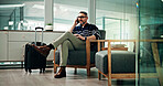 Phone call, entrepreneur and man in airport, business travel or discussion for flight update or chat. Talking, CEO and mature person with suitcase in waiting room, international trip and opportunity