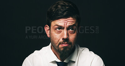 Buy stock photo Businessman, sad and thinking with depression in studio, financial crisis and space on black background. Person, insight and frustrated for mental health, anxiety and stress with perspective for debt