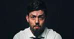 Businessman, portrait and sad with depression in studio, financial crisis and space on black background. Person, frown and frustrated with mental health, anxiety or anger with bankruptcy in Italy