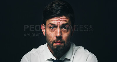 Buy stock photo Businessman, portrait and sad with depression in studio, financial crisis and space on black background. Person, frown and frustrated with mental health, anxiety or anger for bankruptcy in Italy