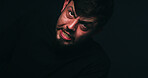 Portrait, angry or man in studio for mental health, schizophrenia or anxiety. Face, bipolar disorder or person with depression, stress or frustrated with rage for psychology on black background space