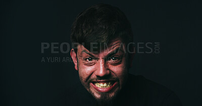 Buy stock photo Anger, stress and portrait of man in studio for psychology, panic and schizophrenia symptoms. Fear, frustrated and mockup space with face of person with mental health on black background for rage