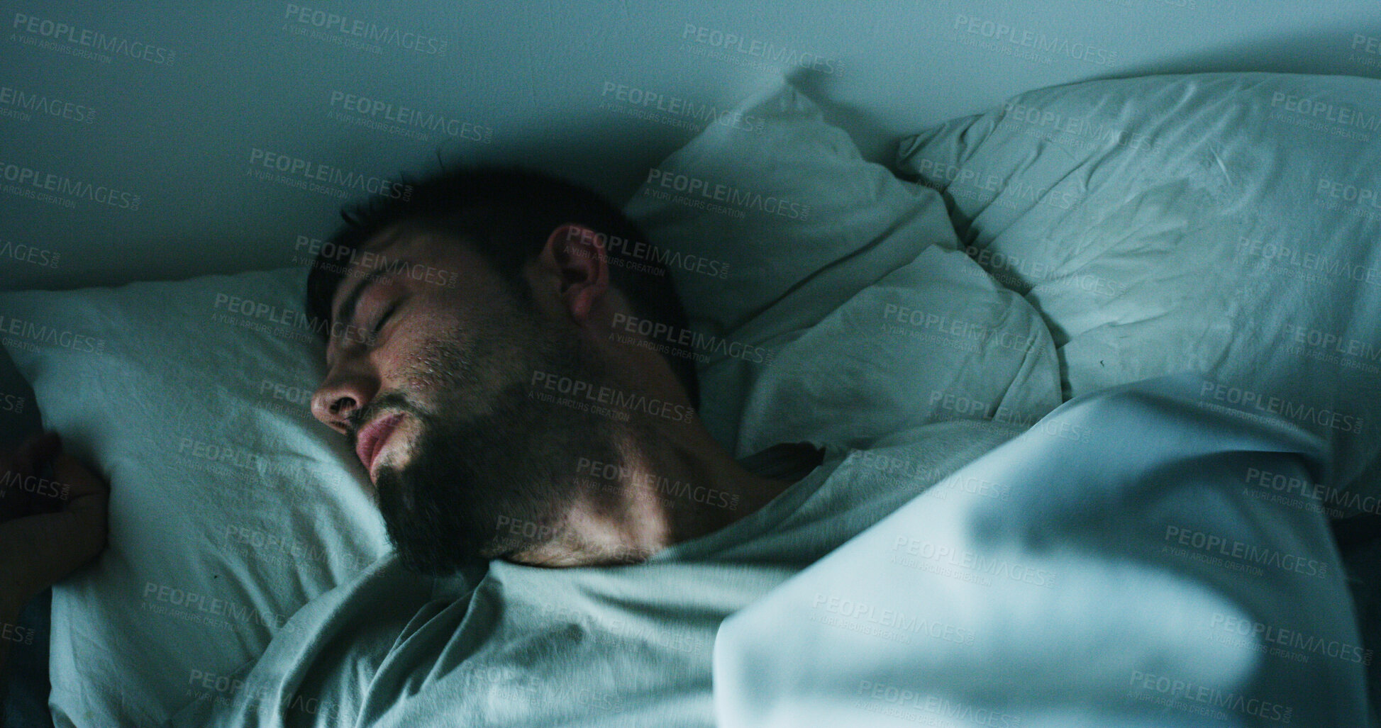 Buy stock photo Tired, man and sleeping on bed at house with nightmare, depression and mental exhaustion. Fatigue, male person and restless with insomnia, bad dream and fear for trauma ptsd with withdrawal symptoms