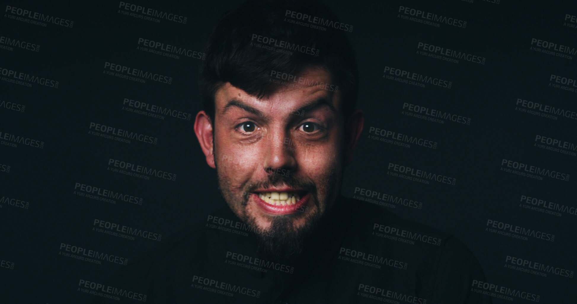 Buy stock photo Anger, crisis and portrait of man in studio for psychology, panic and schizophrenia symptoms. Fear, frustrated and mockup space with face of person with bipolar disorder on black background for rage
