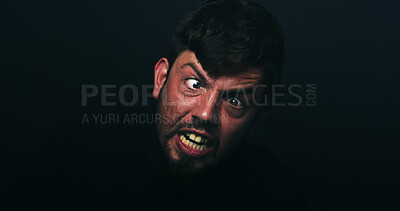 Buy stock photo Upset, bipolar and man screaming in studio with schizophrenia, paranoid and panic reaction. Male person, scary and mental health crisis, split personality and rage of mockup space on black background