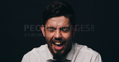 Buy stock photo Businessman, anxiety and scream with depression in studio, financial crisis and space on black background. Person, shout and frustrated with mental health, sad and stress with anger for bankruptcy