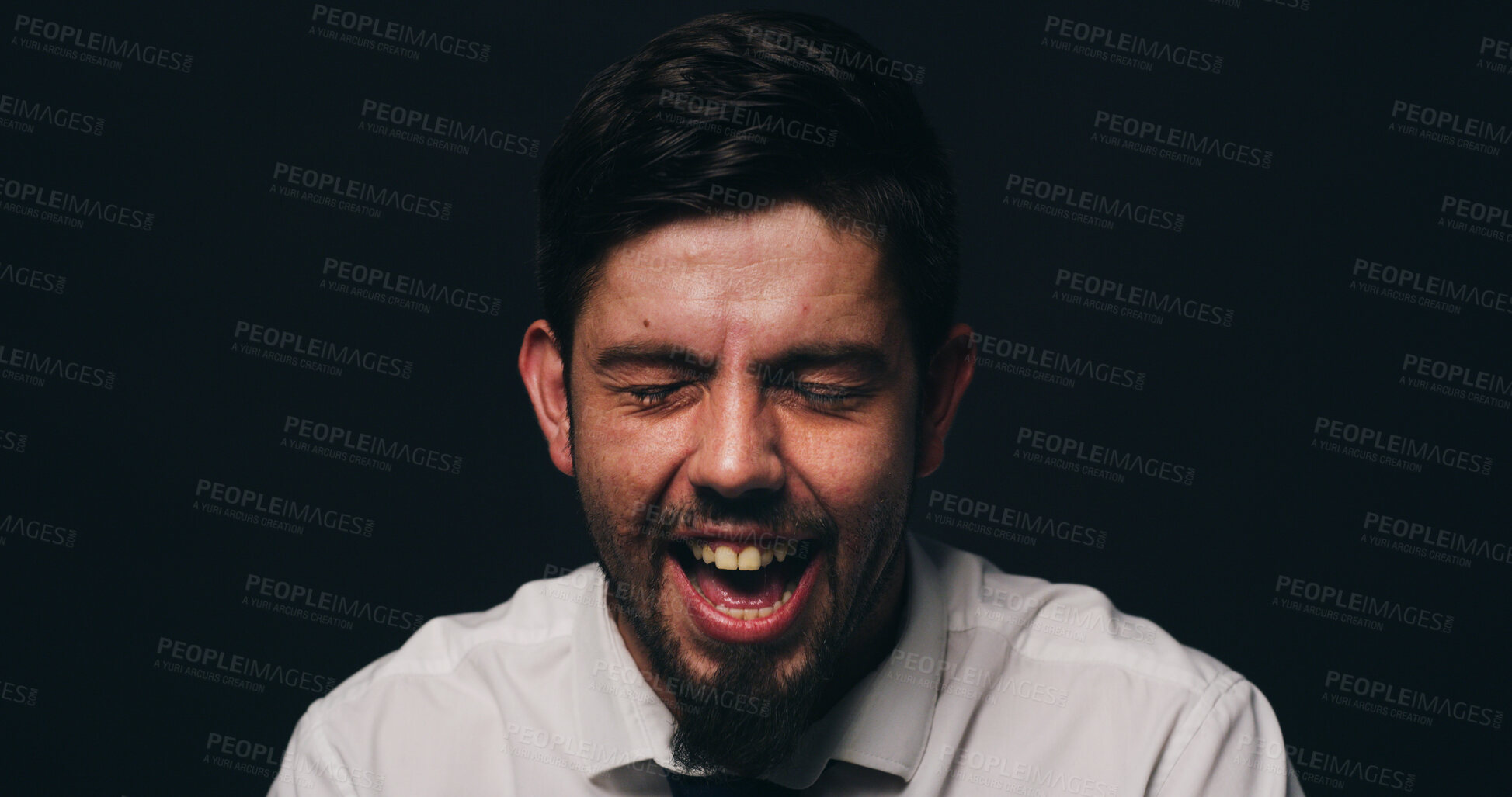 Buy stock photo Businessman, anxiety and scream with depression in studio, financial crisis and space on black background. Person, shout and frustrated with mental health, sad and stress with anger for bankruptcy