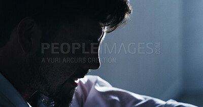 Buy stock photo Grief, employee and man with depression, home and frustrated by job loss, unhappy and mental health. Upset, person and anxious for unemployment, dismissal or fired from work and financial crisis