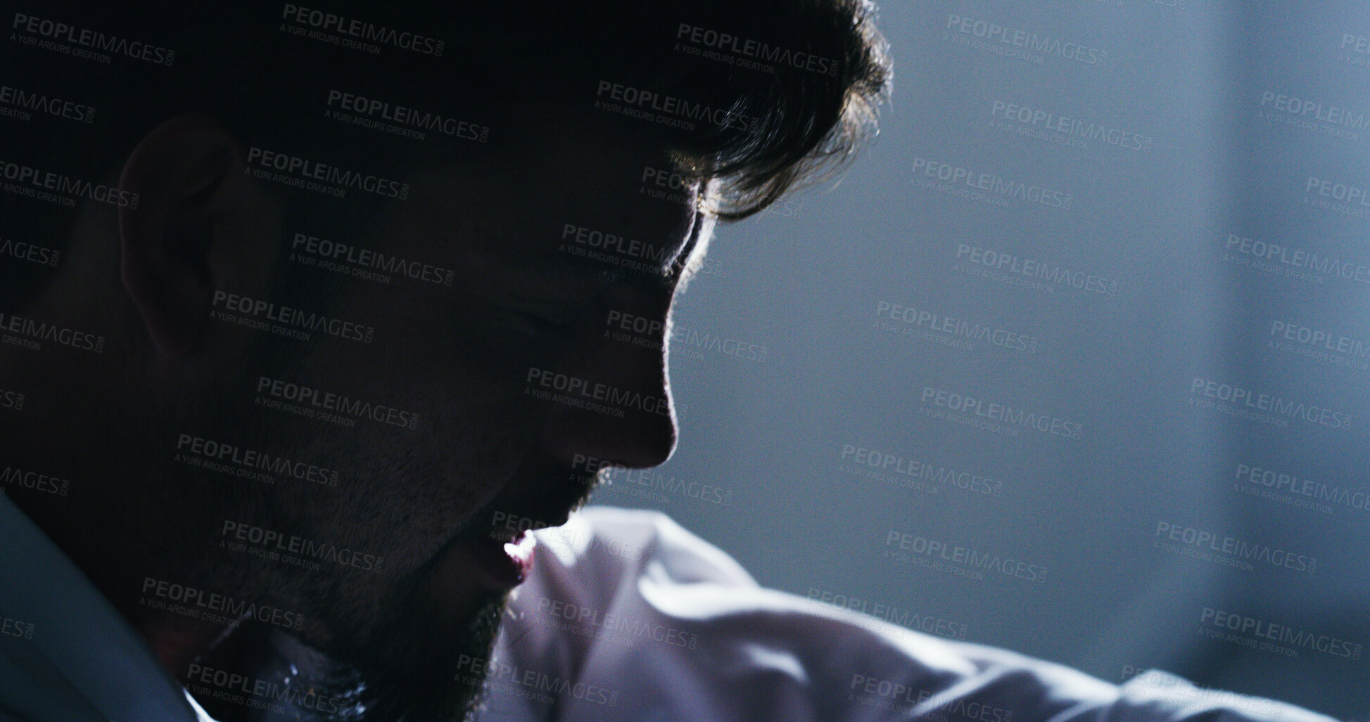 Buy stock photo Grief, employee and man with depression, home and frustrated by job loss, unhappy and mental health. Upset, person and anxious for unemployment, dismissal or fired from work and financial crisis