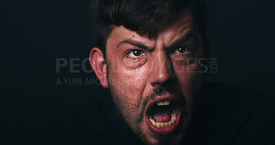 Buy stock photo Angry, bipolar and man screaming in studio with schizophrenia, paranoid or panic reaction. Male person, shout and mental health crisis, split personality or rage with mockup space on black background