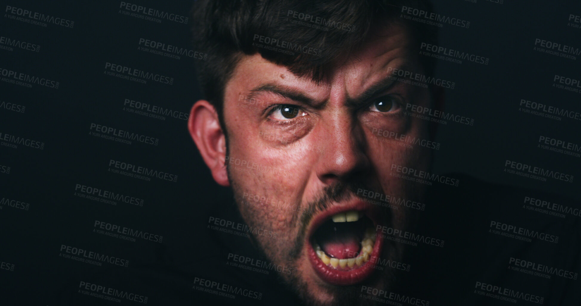 Buy stock photo Angry, bipolar and man screaming in studio with schizophrenia, paranoid or panic reaction. Male person, shout and mental health crisis, split personality or rage with mockup space on black background