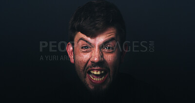 Buy stock photo Anger, scream and portrait of man in studio for psychology, panic and schizophrenia symptoms. Fear, frustrated and mockup space with face of person with bipolar disorder on black background for rage