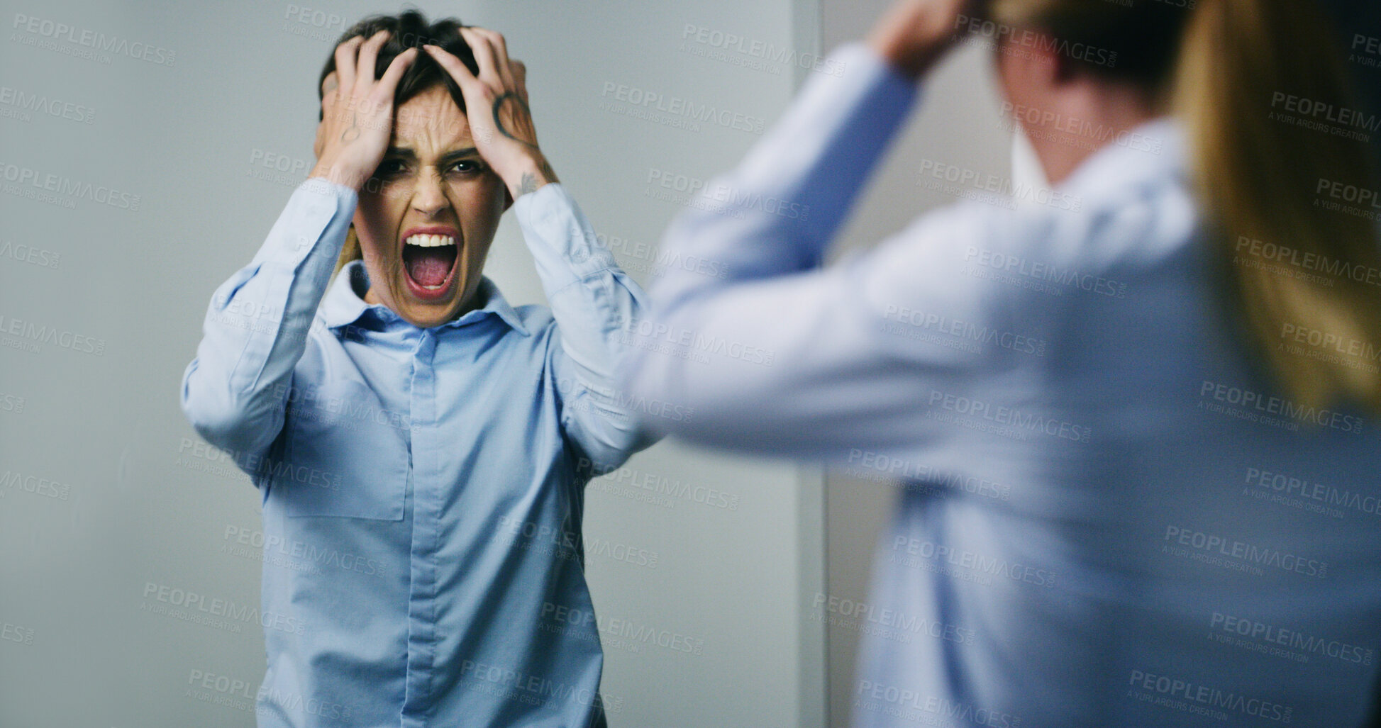 Buy stock photo Reflection, employee and woman with mirror, screaming and frustrated by job loss, panic or shouting. Mental health, unhappy and person with anxiety for financial crisis, dismissal or fired from work